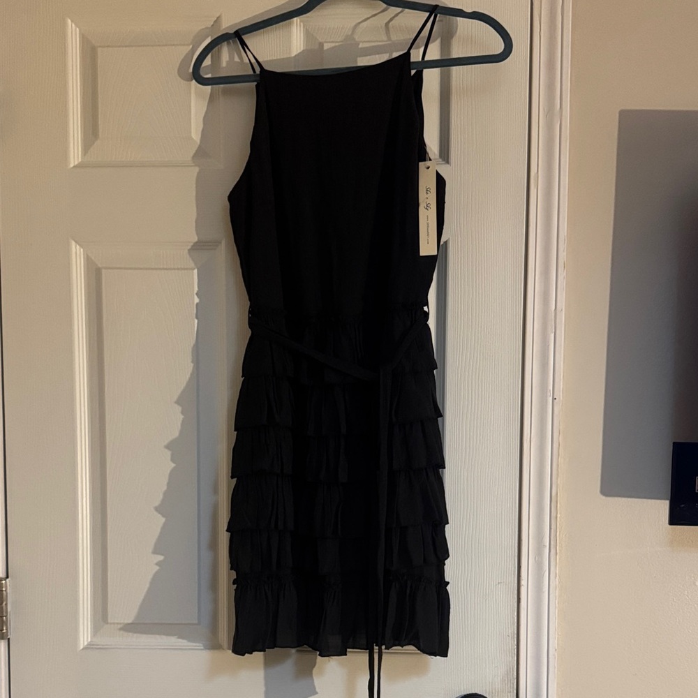 She + Sky Elegant Black Ruffle Mini Dress